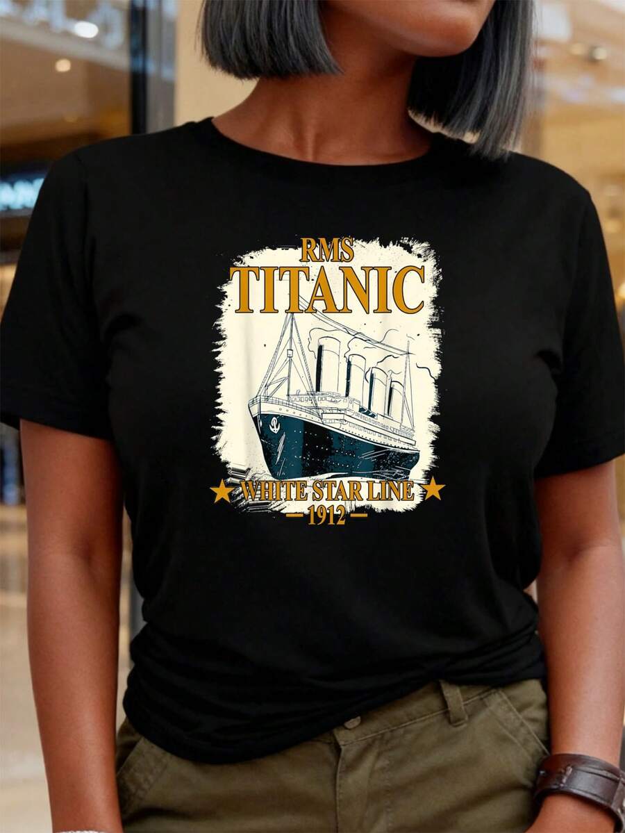 RMS  White Star Line Kreuzfahrtschiff Retro Vintage Kinder T-Shirt Damen T-Shirt Grafik T-Shirts Crop Tops Outfits Tops T-Shirt QVAB - Schwarz - Übersicht 1
