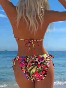 性感露背深V侧系带豹纹热带花卉比基尼套装 - 彩色 - 查看 3