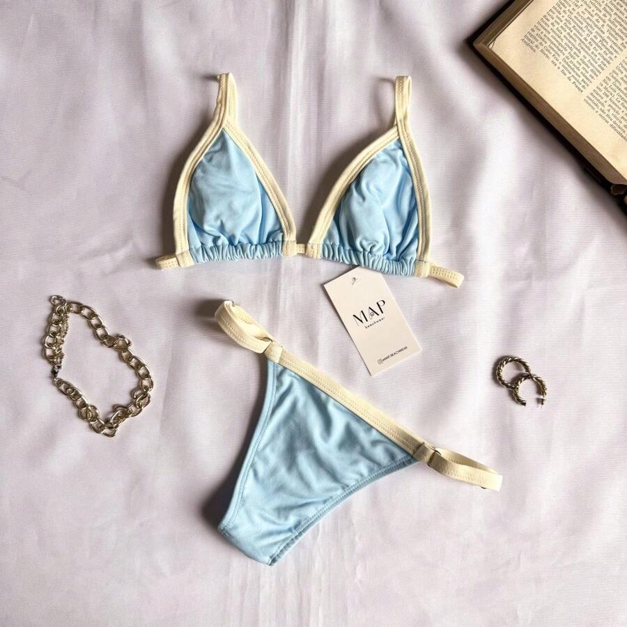 Two-Tone String Bikini With Adjustable Straps. - Azul bebé con apagado - Ver 1