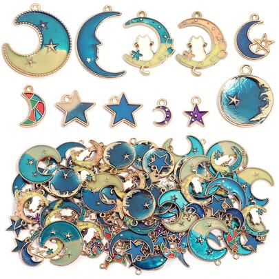 10pcs/Pack Blue & Purple Star & Moon Shaped Pendant, Alloy Glitter Star Moon Pendant, DIY Fashion Festival Decor Hair Accessories Earrings Necklace Jewelry