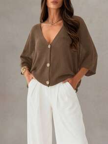 Cárdigan de mujer con cuello en V, de ganchillo, hueco, semitraslúcido, con caída en los hombros y abotonado, casual y de moda, básico, ligero y holgado, para primavera/verano/otoño - Camel - Ver 2