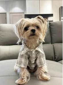春夏宠物狗/猫格子衬衫衣服，时尚可爱，适合中小型犬。 - 卡其色 - 查看 2