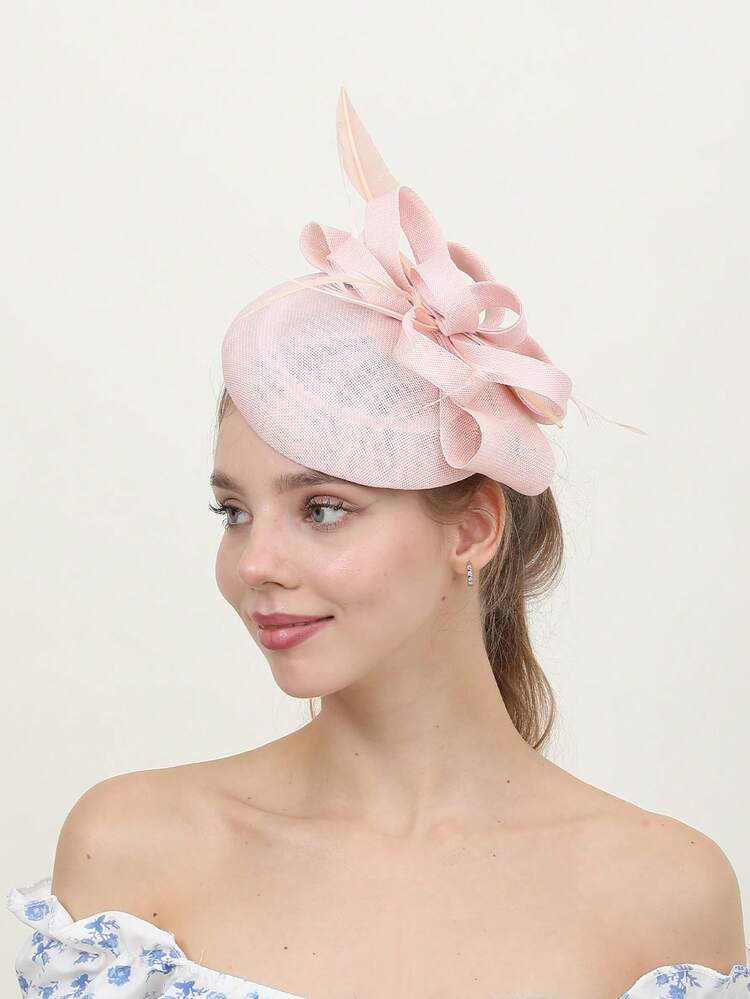 1 pièce Chapeau de style bohème élégant de palais de style avec nœud, coque de couleur unie, voile en polyester avec plumes. Convient pour les courses, enterrement de vie de jeune fille, mariage, fête de Noël, garden party - Multicolore - Voir 5