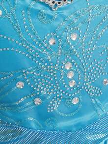 女童蓝色长袖连衣裙，网纱设计公主裙，配有皇冠和魔法棒，适合节日派对、角色扮演 - 藍色 - 查看 4