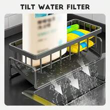 1pc Heavy-Duty Stainless Steel Kitchen Sink Sponge Holder With Tilted Auto-Drain Tray & Dishcloth Hanging Bar - Multipurpose Countertop Organizer For Soap, Brush & Accessories,Neat & Clean Countertop Storage For Kitchen & Bathroom - 黑銀色 - 查看 2