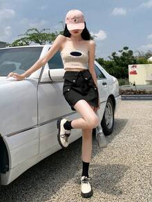 女士夏季休闲束口腰带工装口袋牛仔迷你裙 - 黑色 - 查看 7