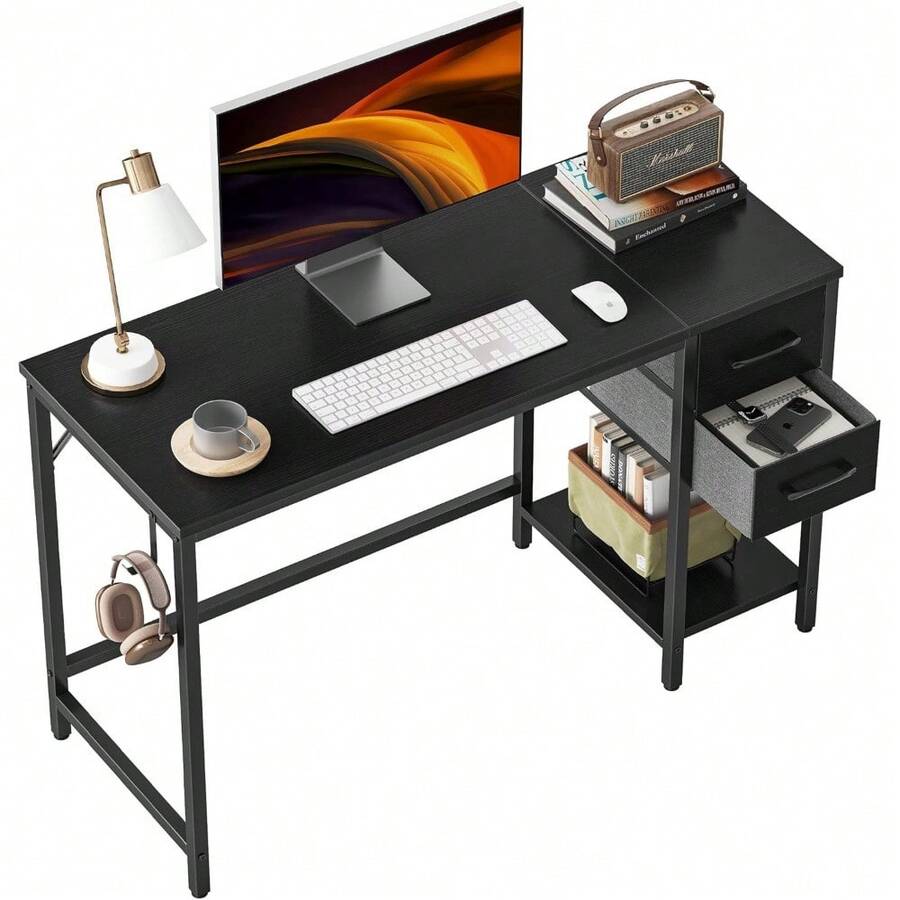 Computer Desk With 2 Drawers, 40 Inch Small Home Office Desk With Storage Study Writing Table, Modern Black - 現代黑 - 查看 1