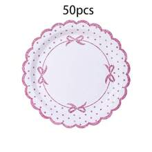 10pcs/20pcs/30pcs/50pcs/60pcs (Pink/Blue/Black) Bow Paper Plates, 7 Inch, Bow Themed Disposable Tableware Set For Birthday Party, Engagement, Wedding, Baby Shower, Bridal Shower - Multicolor - View 6