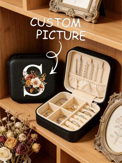 1pc Fashion A-Z Letter Print Mini Jewelry Storage Box, With Zipper Closure, Portable Travel Jewelry Organizer Box, Can Hold Rings, Earrings, Necklaces, Multi-Layer Desktop Jewelry Box