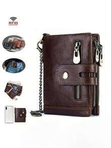 Men's Retro Wallet, New Short Faux Leather Multi-Card Slots Double Zipper Bank Card Holder - Coffee - View 7