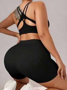 Quần short bó sát cạp cao dành cho nữ cỡ lớn, quần short yoga định hình vóc dáng có túi, thích hợp cho đạp xe, tập thể dục, chạy bộ, tập luyện, màu đen mùa xuân/hè. - màu đen - Xem 6