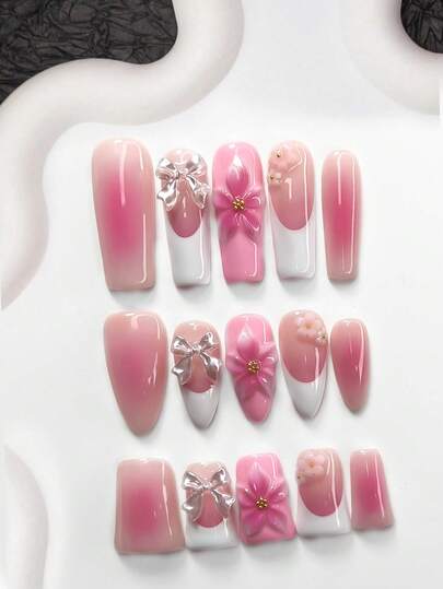 10pcs Sweet Girl Style Nail Stickers, Gel Manicure Set, Translucent Pink Ombre Blush Nail Decor, Handcrafted Gradient 5-Petal Pink Flowers, Shiny White Bow, Pink & White 5-Petal Flower Nail Accessories, Elegant Minimalist Nail Style, White Nail Polish, Exquisite Gift Nails Nail Supplies