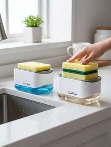 厨房皂液器、洗洁精分配器、带海绵的海绵架、按压式液体分配器、沥水架、洗洁精泡沫器、台面皂液器、独立式、防漏、理想礼品、厨房用品、厨房配件、清洁海绵、洗碗海绵、海绵擦洗器 - 彩色 - 查看 5