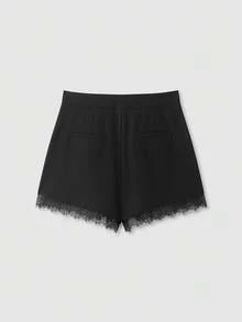Pantalones cortos casuales de verano de unicolor con volantes de encaje para mujer, color negro - Beis - Ver 6