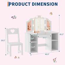 Juego de Mesa y Silla de Cambiador Princesa para niñas con Espejo triplegable, computadora de Cambiador con luz táctil con Almacenamiento y Silla de Respaldo Alto, Convertible a computadora - Blanco - Ver 2