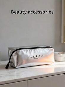 1pc Gucci Silver Cosmetic Pouch/Pencil Case, Suitable For Daily Use. High-End Quality, Portable With Zipper Pocket.