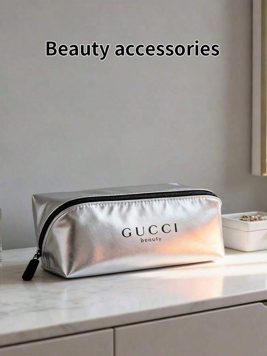 1pc Gucci Silver Cosmetic Pouch/Pencil Case, Suitable For Daily Use. High-End Quality, Portable With Zipper Pocket.