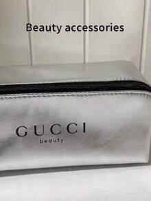 1pc Gucci Silver Cosmetic Pouch/Pencil Case, Suitable For Daily Use. High-End Quality, Portable With Zipper Pocket.