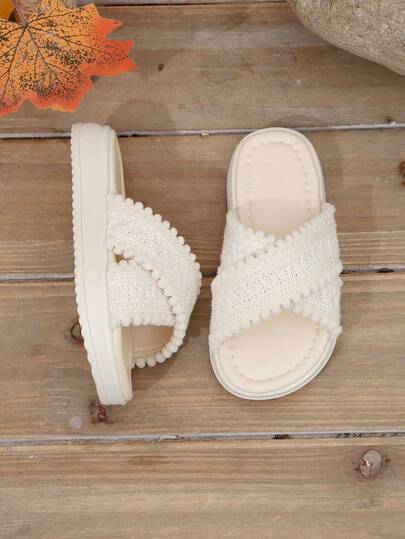 1 Pair Children's Solid Color Fashion Slippers, Knitted Pom Pom Criss-Cross Strap, Round Toe Slip-On Summer Sandals, Suitable For Daily & Home Wear