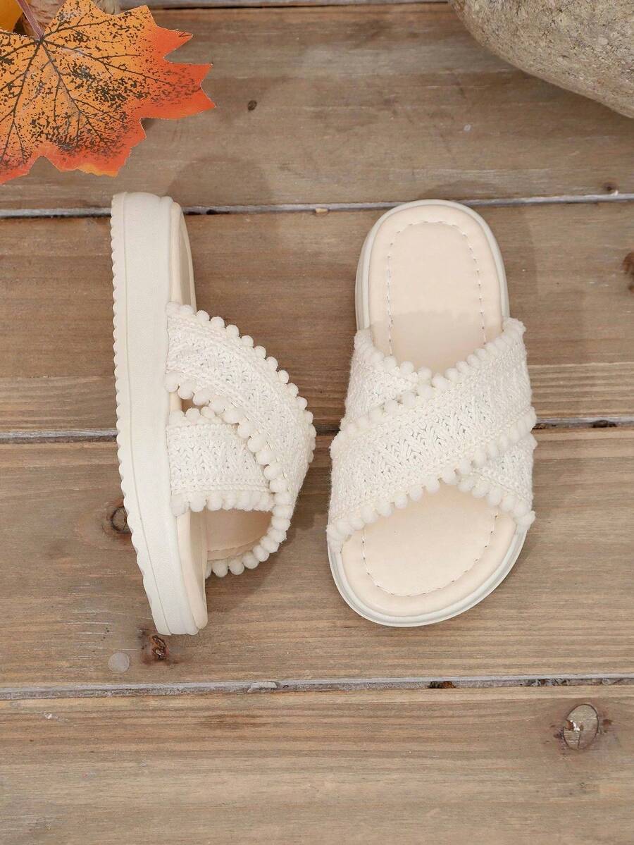 1双儿童纯色时尚拖鞋,针织绒球交叉绑带,圆头套脚夏季凉鞋,适合日常和居家穿着 - 米色 - 查看 1