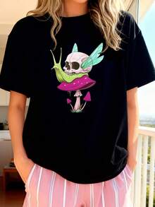 Women'S Whimsical White Snail & Mushroom Graphic T Shirt Soft Short Sleeve Crew Neck Top With Pastel Pink & Green Print, Casual Spring Summer Casual Attire, Sizes S 2XL, Cute Fantasy Design For - 黑色3 - 查看 3