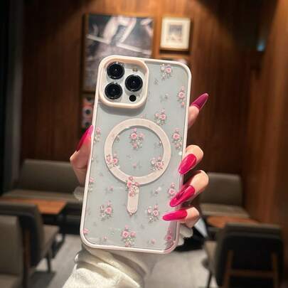 1pc Pink Floral Lily Pattern Acrylic Magnetic Phone Case, Compatible With IPhone 17 Air/16 Pro Max/16 Pro/16 Plus/16/15/14/13/12/11/XSM/XS/XR/7/8