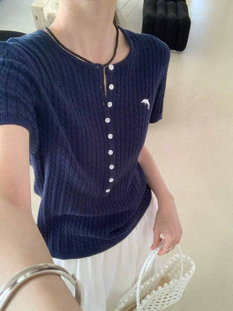 Áo thun nữ tay ngắn dệt kim thêu họa tiết tối giản - Màu xanh hải quân - Xem 1