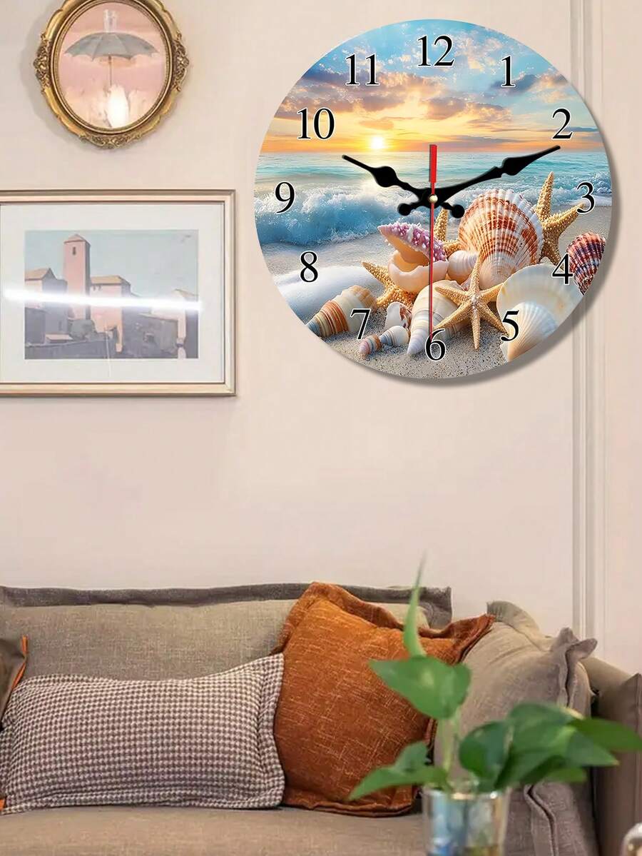 Coastal Vibe Silent Wall Clock - Wooden Beach Theme Design With Sunset, Seashell And Starfish Patterns, Battery Powered, Modern Home Decor For Living Room, Bedroom, Kitchen Or Office - Perfect Holiday And Birthday Gift - Multicolor - View 1