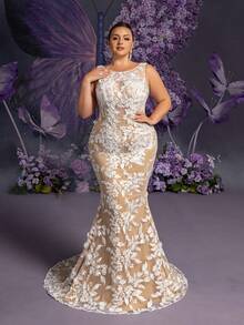 Faeriesty Elegancka, koronkowa sukienka syrenka w kolorze cielistym i białym, bez rękawów i okrągłym dekoltem, z koronką z trójwymiarowymi kwiatowymi motywami, głębokim dekoltem w serek i odkrytymi plecami, z frędzlami | Odpowiednia dla gości weselnych, eleganckich przyjęć, zaręczyn, walentynek - Biały - Zobacz 2