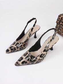 2026新款豹纹尖头小猫跟凉鞋，时尚优雅OL通勤约会派对高跟鞋，女士 - 杏色 - 查看 8