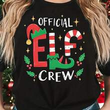 OFFICIAL ELF CREW Elf Team Christmas Print T-Shirt for Women, Short Sleeve Round Neck Casual Tee for Spring And Summer, Holiday Celebration, Christmas, Christmas Party - Negro - Ver 2
