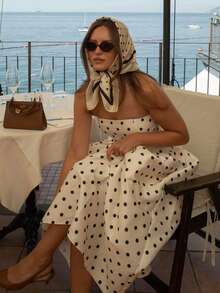 1条女士优雅波点印花90厘米方形围巾/头巾，新款时尚百搭春季围巾，可作腰带、配饰、发带、装饰围巾、披肩。