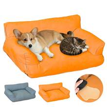 Sofá para Mascotas Vintage de Piel Sintética, Cama Elegante para Perros y Gatos, Base Antideslizante, Fácil de Limpiar, Grande (75x50x26cm), Naranja/Azul - Naranja - Ver 1