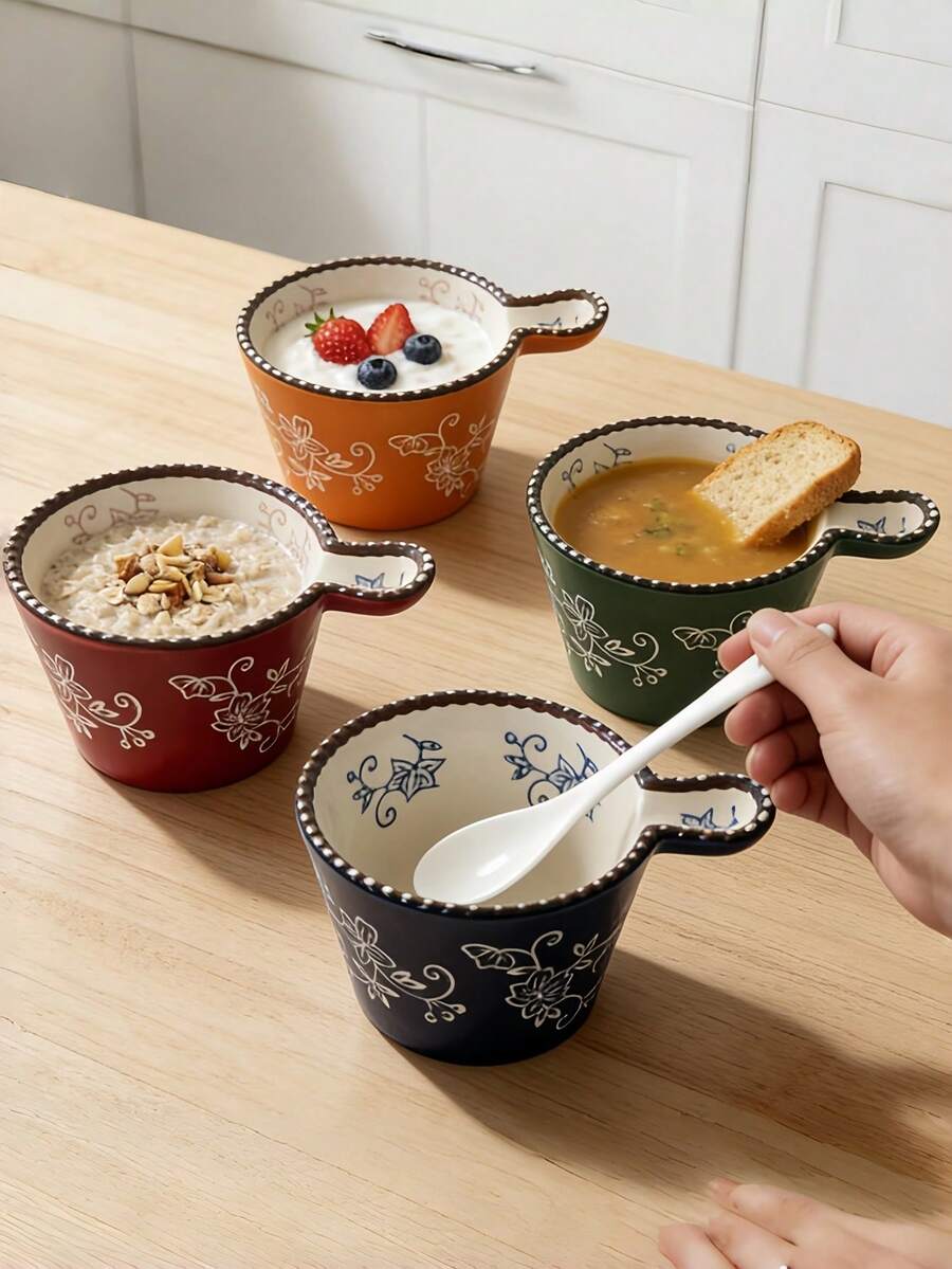 1pc Ceramic Beaded Handle Sauce Bowl, Breakfast Cup Baking Container, Steaming Cooking Baking Bowl Milk Cup Cake Bowl, Oatmeal Cup Snack Bowl, Suitable For Kitchen, Living Room, Dining Room, Tableware, Cup, Ramadan Dinnerware - Multicolor - View 1