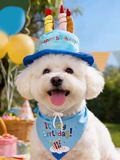 Juego de decoración para fiesta de cumpleaños de mascotas 2026 - Gorro de cumpleaños + Juguete de pastel 2 en 1, apto para gatos y perros, accesorios de foto de cumpleaños estilo Ins
