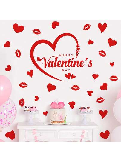30pcs/Set Valentine's Day Heart And Lips Decorative Stickers, Valentine's Day Wall Stickers, PVC Static Stickers, Easy To Remove, Red Lips And Heart Stickers, Valentine's Day, Wedding, Anniversary Decorative Stickers, Valentine's Day Party Background Decor Window Stickers, Valentine's Day Window Stickers