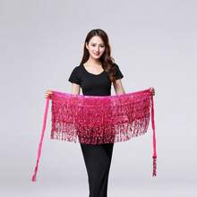 Sequin Belly Dance Scarf Tassel Wrap Sparkly Fringe Skirt With Pair Heart Party Rave Costume Women - 玫紅色 - 查看 2