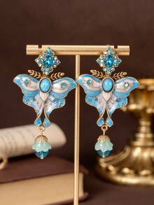 1 paire de boucles d'oreilles papillon vintage ornées de strass, bicolores, mignonnes et à la mode, parfaites pour le quotidien, les banquets, les cadeaux et les bals de fin d'année. - Bleu azur - Voir 2