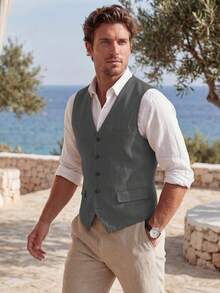 Mens Vests Breathable Cotton Linen Vest V Neck Summer Beach Wedding Party Groomsmen Casual Waistcoat Outfits Tuxedos - 灰色 - 查看 9