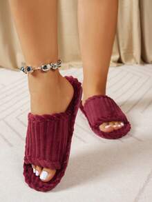 Women's Striped Fabric Slippers, Fashionable Casual Indoor Wear, Autumn/Winter - Burgundy - View 8