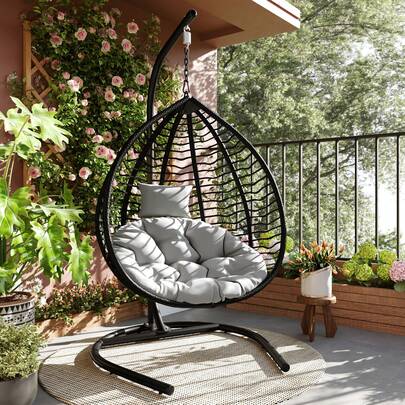 MoolSun Indoor Outdoor Hanging Hammock Chair With Stand, Foldable Rattan Egg Swing Chair With Iron Frame And Plush Cushion & Removable Headrest,Suitable For Porch Garden,Balcony,Indoor