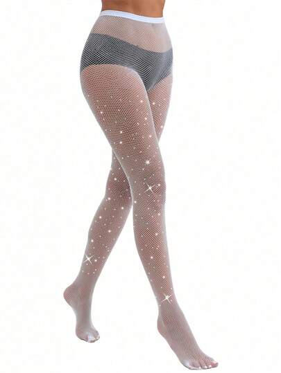 1/2 Pairs Sexy Shiny Fishnet Stockings, Rhinestone Decor High Waist Tights, Women Polyglass Party Pantyhose Valentine's Day Valentines