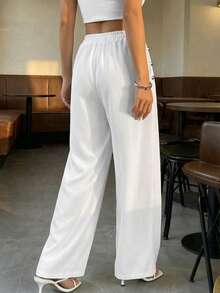 女士奢华白色阔腿裤，优雅高腰长裤，时尚正式派对夜店办公套装 - 白色 - 查看 8