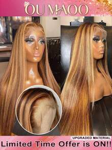 34英寸直发黑色合成纤维13x4高清蕾丝前假发 - 200%密度无胶预拔毛自然蕾丝闭合逼真日常佩戴假发，4/27蜂蜜金蕾丝前假发真人发混纺假发 - SP4/27 - 查看 1