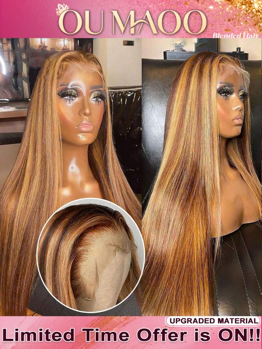 34英寸直发黑色合成纤维13x4高清蕾丝前假发 - 200%密度无胶预拔毛自然蕾丝闭合逼真日常佩戴假发，4/27蜂蜜金蕾丝前假发真人发混纺假发 - SP4/27 - 查看 1