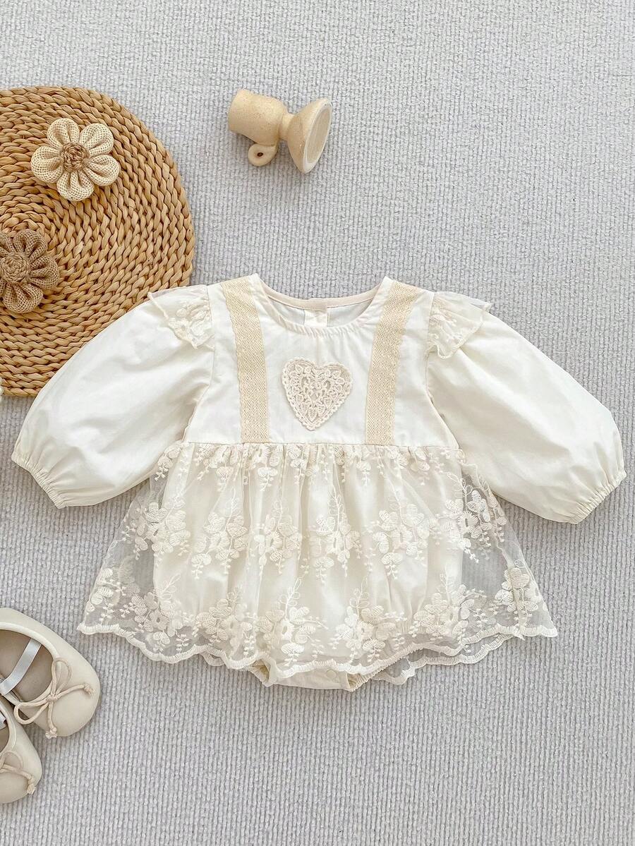 韩版女童春秋季刺绣网纱荷叶边连体连衣裙，公主爱心设计