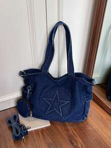 做旧牛仔布面料，复古休闲风格，新款牛仔多功能大容量手提包，女士手提包，立体五角星装饰，可拆卸圆形零钱包带小挂袋，休闲风格，拉链封口，适合日常休闲穿着、上学、轻度通勤、购物、办公、短途旅行和郊游。 - 深色水洗藍 - 查看 9