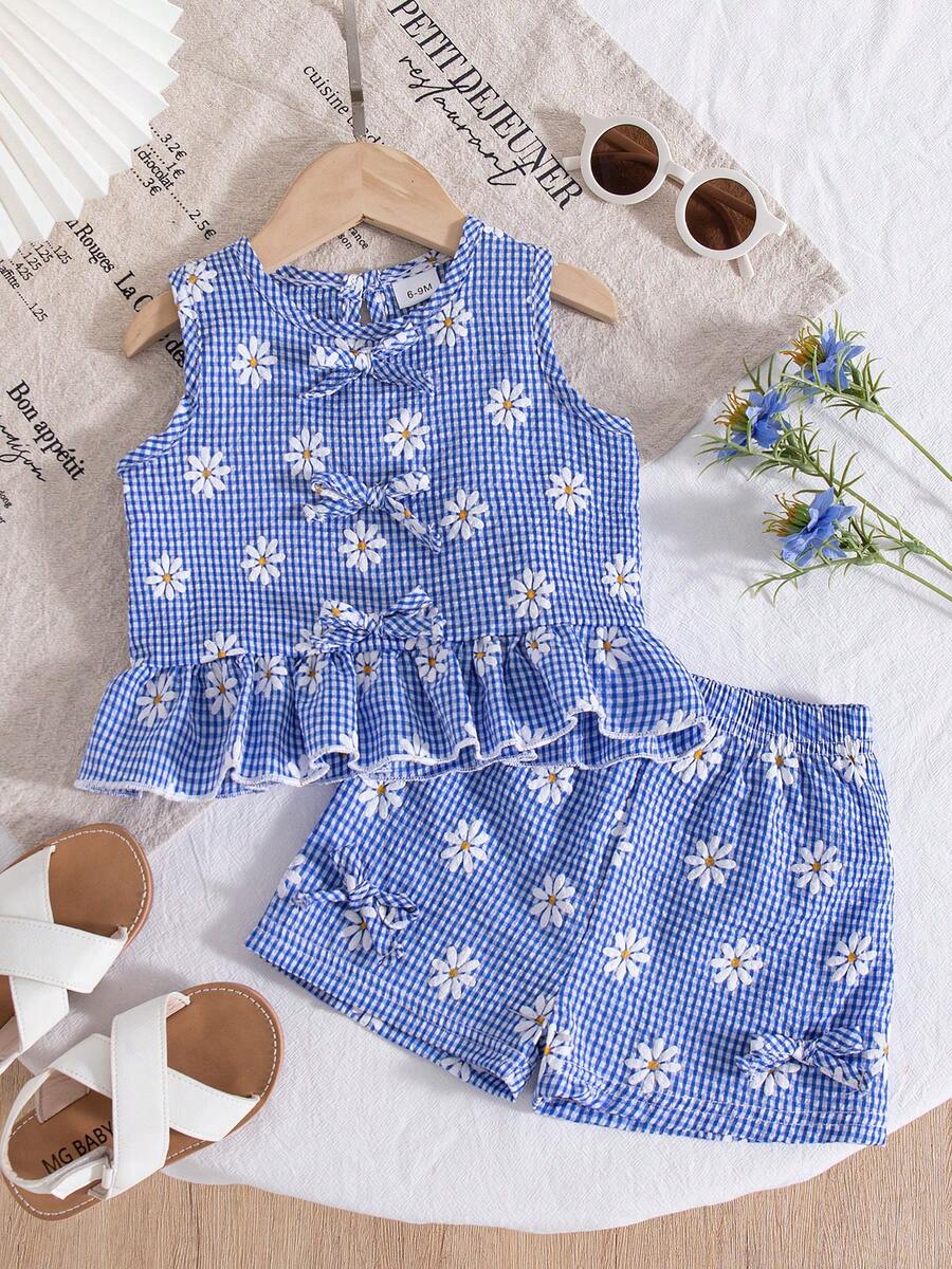 女婴可爱雏菊印花蓝色格子蝴蝶结荷叶边无袖上衣和宽松蝴蝶结短裤两件套，度假风 - 藍色 - 查看 1