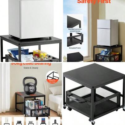 Fridge Stand With Storage, 198 Lbs Mini Fridge Table With Movable Storage Cart Swivel Wheels, Beverage Refrigerator Stand Coffee Bar, Mini Fridge Organizer For Office Home Dorm, Black