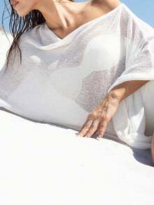 Womens Sheer Knit Poncho Top Lightweight See Through Shrug Crochet Mesh Cover Up Y2k Off The Shoulder Asymmetrical Beach Shawl Cape Top - 白色 - 查看 5